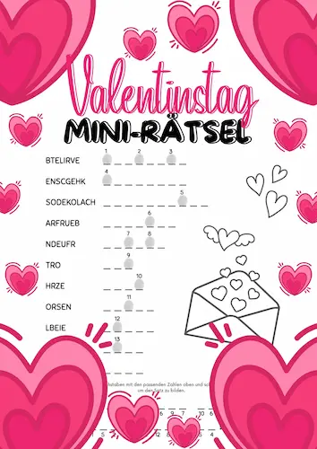 Mini-zagadka językowa – Walentynki niemiecki A1 PDF | Valentinstag  - Deutsch | Mini-Rätsel Buchstabensalat