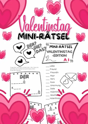 Mini-zagadka językowa – Walentynki niemiecki A1 PDF | Deutsch | Mini-Rätsel - Valentinstag