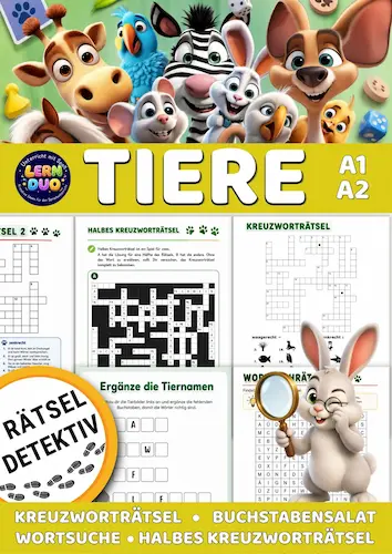 Tiere – 6 łamigłówek językowych | Krzyżówki, wykreślanka i rozsypanki literowe (A1–A2)