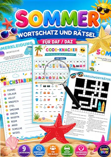 Sommer DaF / DaZ – Wortschatz & Rätsel | 9 Sommer-Aktivitäten | Wortsuche, Kreuzworträtsel, Buchstabensalat & Code-Knacker